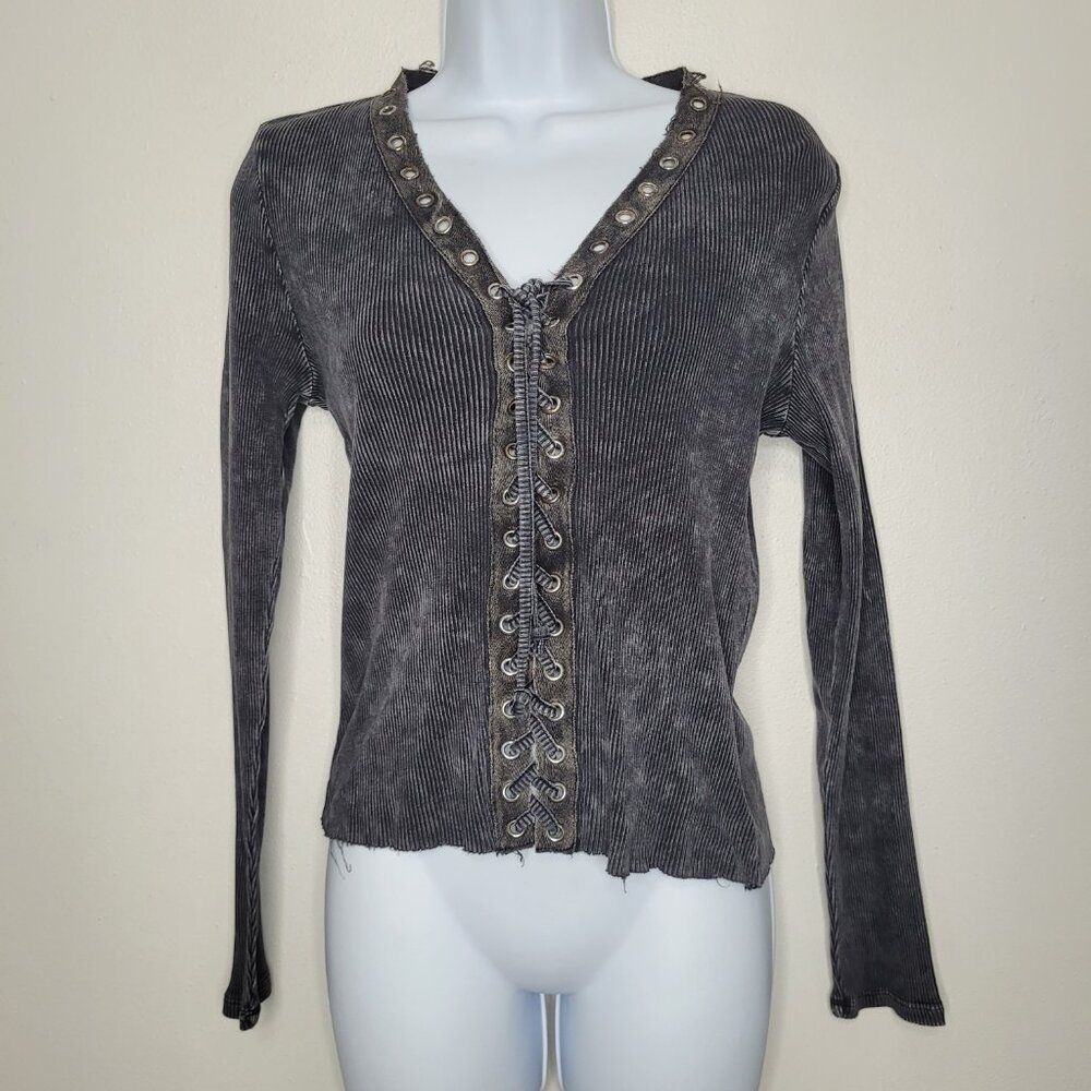 Grunge distressed ripped lace up front goth biker long sleeve top size medium